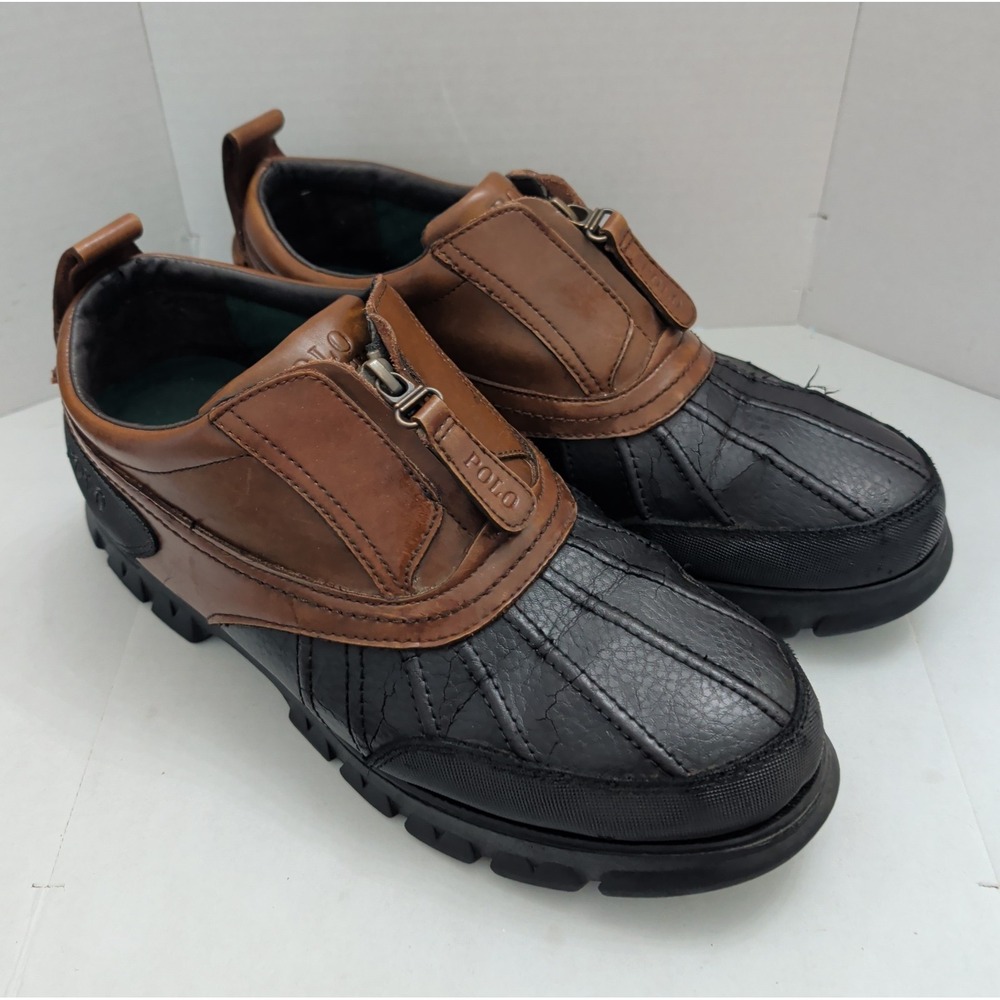 Vtg Polo Ralph Lauren Men's Kewzip II Brown Black Leather Duck Boots Zip Sz 9.5D